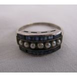White gold baguette sapphire and seed pearl ring