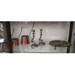 Shelf of metalware collectables to include copper cider ladles