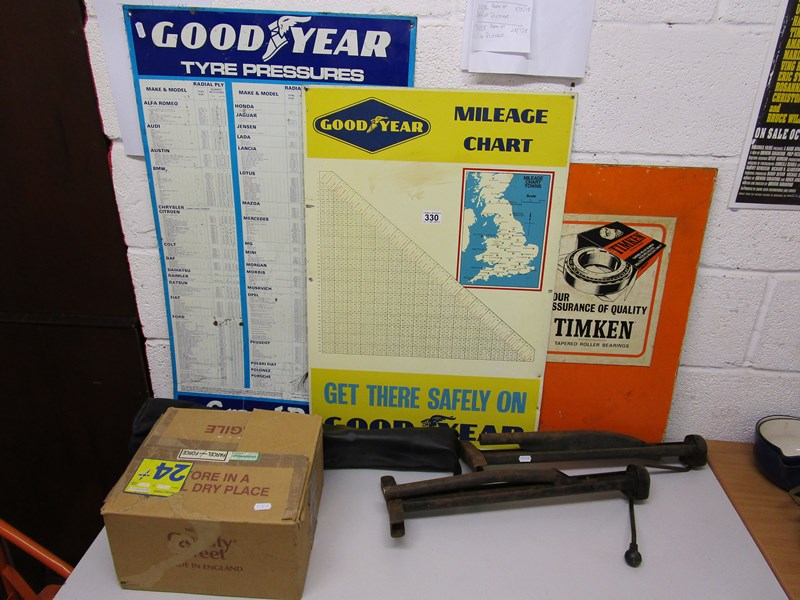 Car ephemera to include jack for Rolls Royce Silver Ghost, Smith's clocks & garage signs