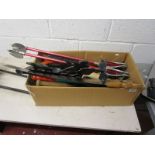 Box of tools to include 2 'Featherwate' shooting sticks