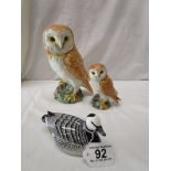 3 pieces of Beswick to include owls & barnacle goose