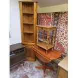 Pine corner cupboard, small dining table & 2 tier occasional table