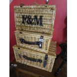 3 wicker picnic baskets - 1 marked F & M