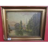 Oil painting - Church & river landscape