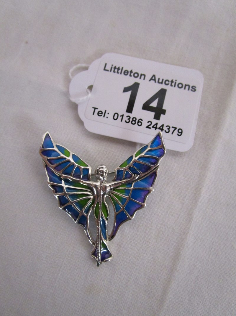 Champlevé enamel & silver angel brooch