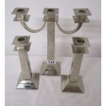 Archibald Knox style plated candelabra & 2 candlesticks