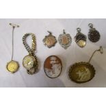 Hallmarked gold watch, South African gold ½ Pond in brooch mount (1896), cameos, silver medals etc