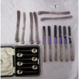 Boxed silver coffee spoons & 2 sets of 6 silver handled butter knives