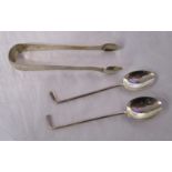 2 golf themed silver teaspoons & silver tongs