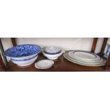 Shelf of china to include graduated blue & white meat plates