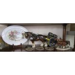 Ceramic cart horse & accessories, hunting themed meat plate, small horse figurine & 3 small plates