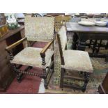 Set of 8 oak & bobbin turned upholstered dining chairs to include 2 carvers