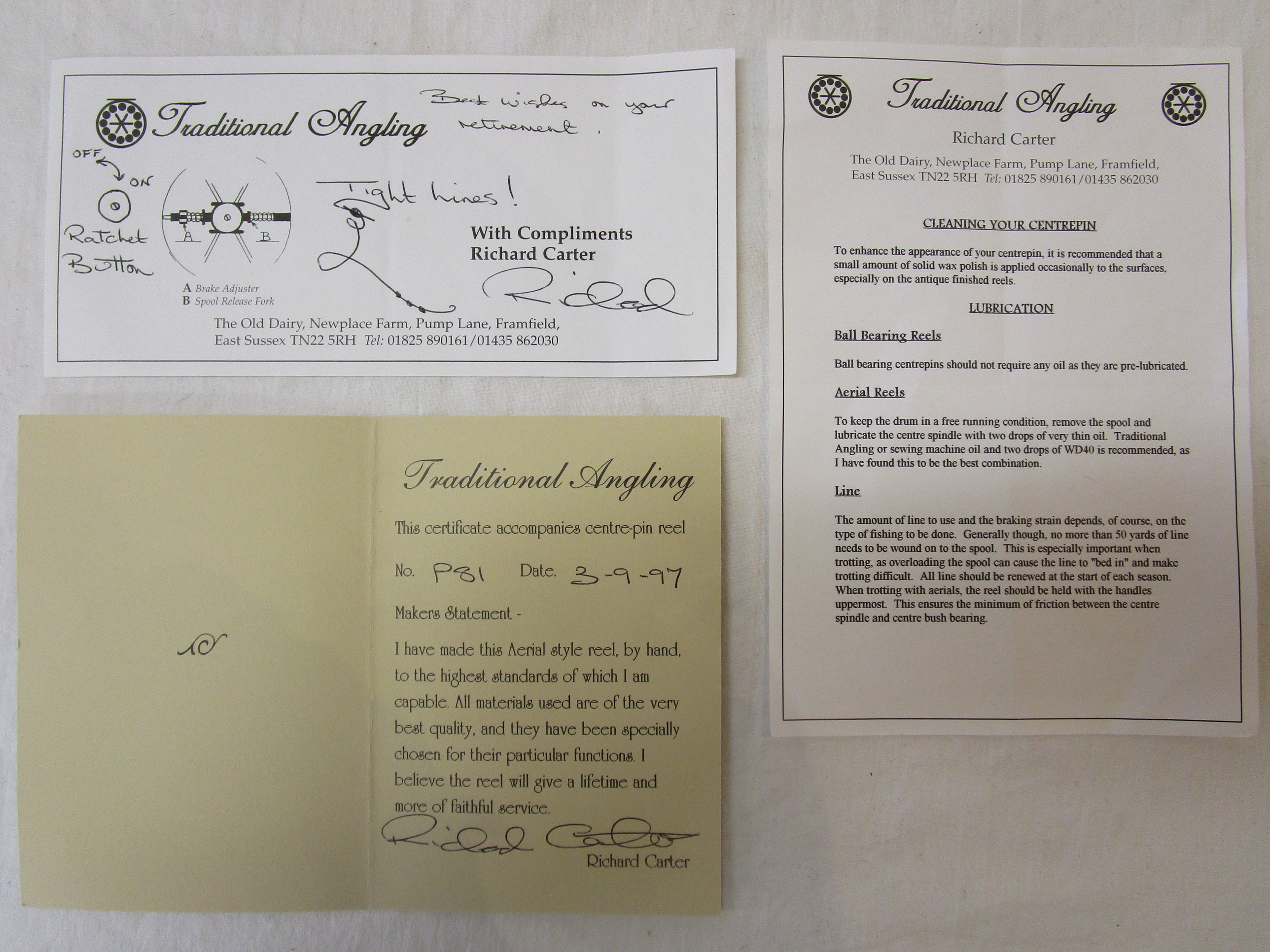 Richard Carter Traditional Angling handcrafted 'centre pin' reel with certificate of authenticity - Image 7 of 10