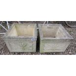 Pair of square stone planters adorned with acorn & oak leaves