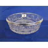 Cut glass bowl with hallmarked silver rim