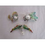 3 silver champlevé enamel & stone set brooches