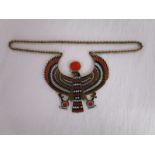 Large bird shaped pendant with red, gold & blue enamel on copper chain