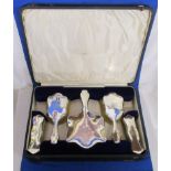 Victorian 5 piece cased silver dressing table set by Walker & Hall, Sheffield bearing initials DH