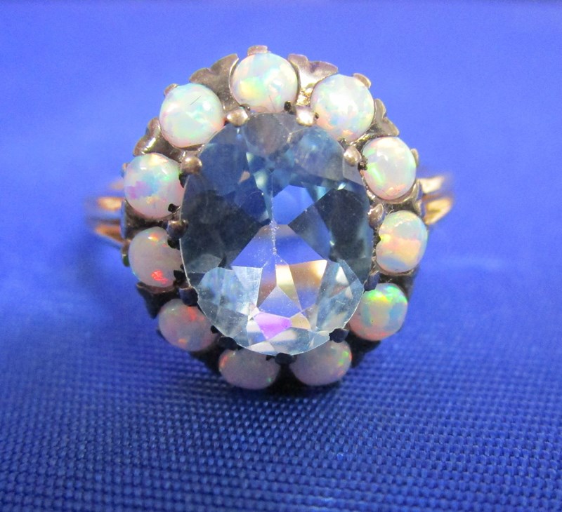 15ct gold blue topaz & opal cluster ring