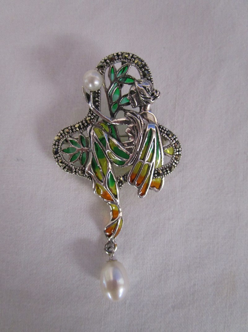 Silver & champlevé enamel stone set Art Nouveau style brooch