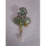 Silver & champlevé enamel stone set Art Nouveau style brooch