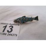 Turquoise, diamond & seed pearl fish brooch
