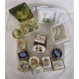 Box of pill boxes & Capodimonte brooches