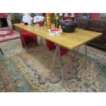 Contemporary blonde elm trestle table - H: 73cm L: 183cm W: 76cm