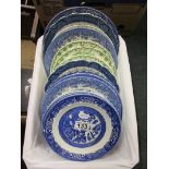 Basket of plates, mostly blue & white to include Willow pattern