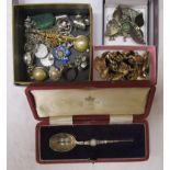 Box of costume jewellery to include vintage earrings & a boxed silver Coronation spoon