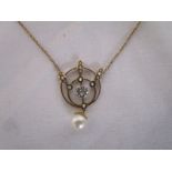 Antique gold aqua marine & pearl pendant