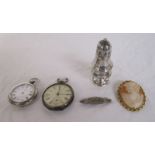 Collection of silver to include 2 pocket watches & cameo brooch