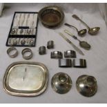 Tray of silver plate to include boxed spoons, candlesticks & coaster