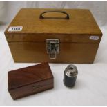 Oak box with brass handle & cased monocular