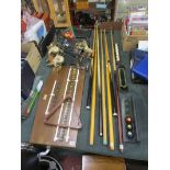 Collection of snooker equipment to include score board