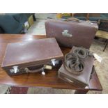 Collection of 3 vintage leather suitcases & 2 belts