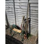 Collection of garden tools to include hosepipe on reel