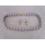 Gold clasped grey pearl necklace together with a pair of grey pearl and diamond drop earrings