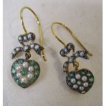 Pair of emerald, diamond and seed pearl heart shaped drop earrings