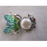 Silver & champlevé enamel bug brooch