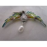 Silver & champlevé enamel humming bird brooch