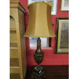 Large turned wood & brass table lamp