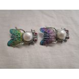 Pair of silver & champlevé enamel bug brooches