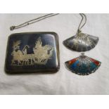 Cigarette case, brooch & pendant on chain all marked Sterling Siam