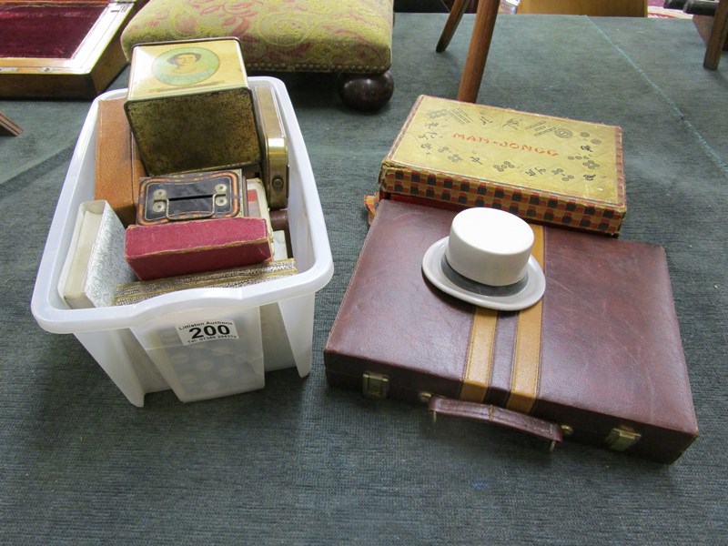 Collectables to include Moss Bross Covent Gardens ceramic hat, Mah-Jongg, tins & other games