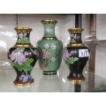 Pair of cloisonné vases and a larger cloisonné vase