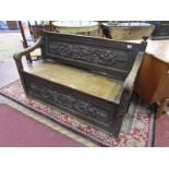 Large carved oak monks bench / settle