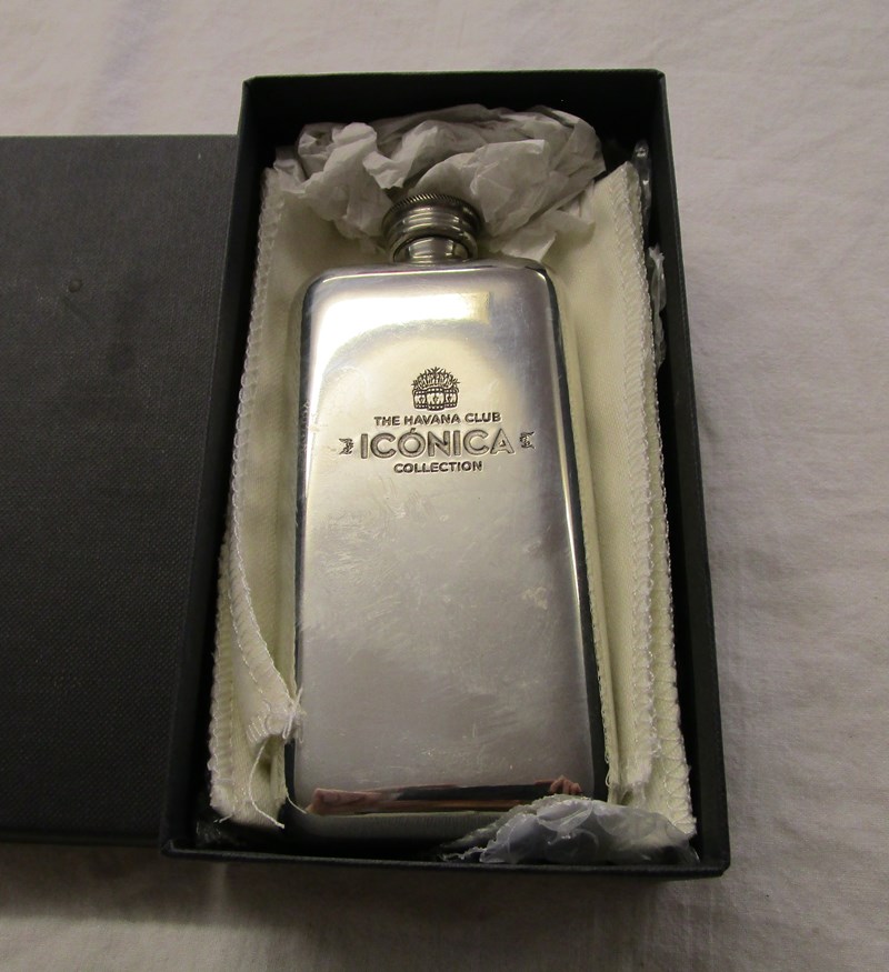 Havana club hip flask marked Iconica with pewter markings