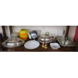 Shelf of collectables to include Shelley vase & plated serving dishes with covers