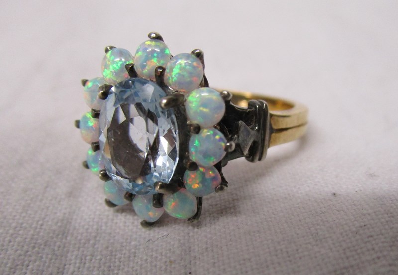 Gold opal & blue topaz cluster ring